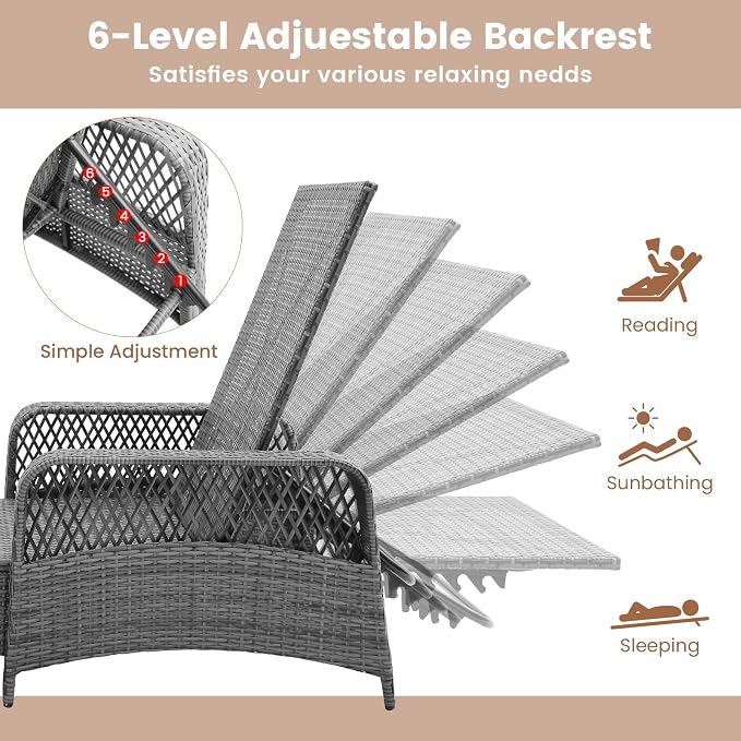 COSTWAY PE Rattan Chaise Lounge Chair, 6 Gear Adjustable Recliner - Image 4