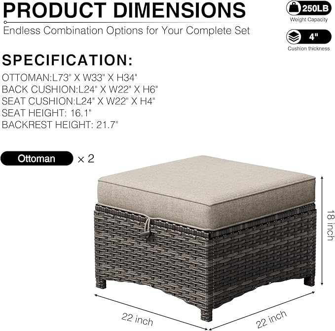 Joyside Outdoor Ottoman Set of 2, Patio Large Ottoman Foot Rest - Image 3