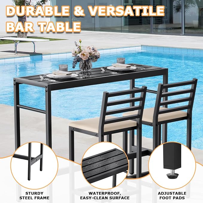 3 Piece Outdoor Patio Bar Set, 2 Cushioned 41" Bar Stools Modern Metal Outdoor - Image 5