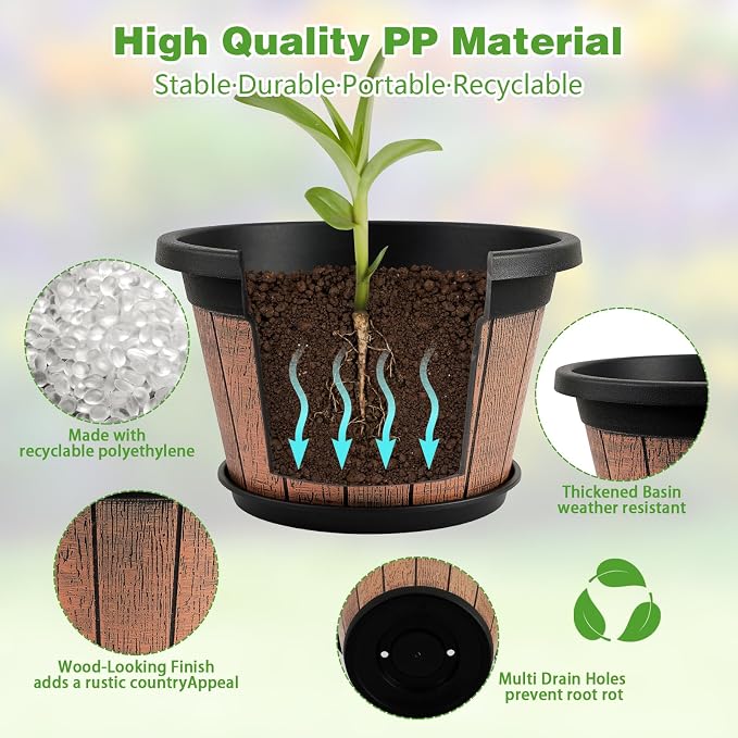 Quarut 4 Pack 10 inch Plant Pots, Upgrade Whiskey Barrel Planters - Image 4