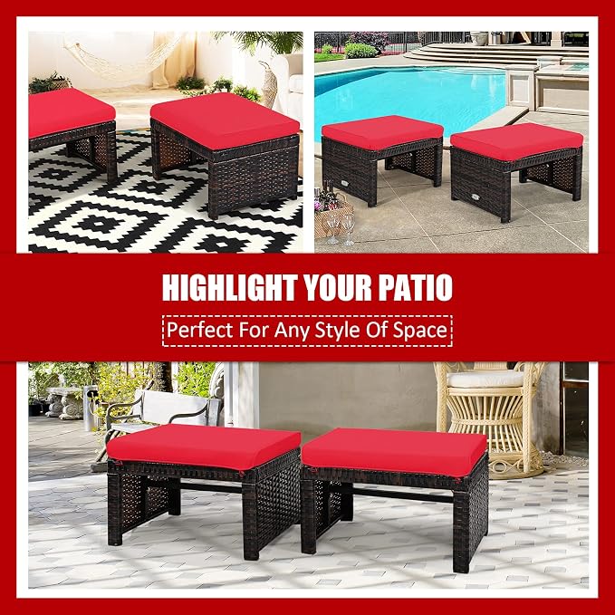 Tangkula 2 Pieces Patio Rattan Ottomans, All Weather Outdoor Footstool Footrest - Image 10