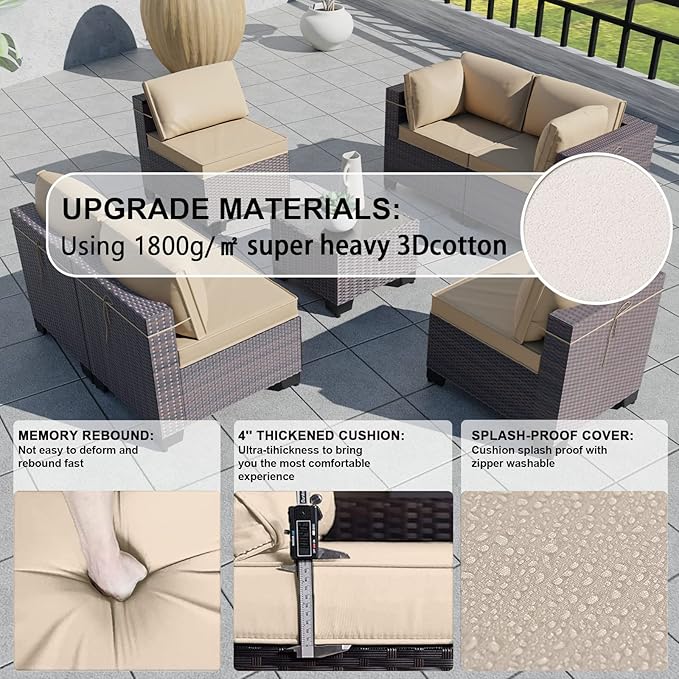 Kullavik 7 Pieces Outdoor Patio Furniture Set, Sectional Rattan Sofa Set Brown - Image 3