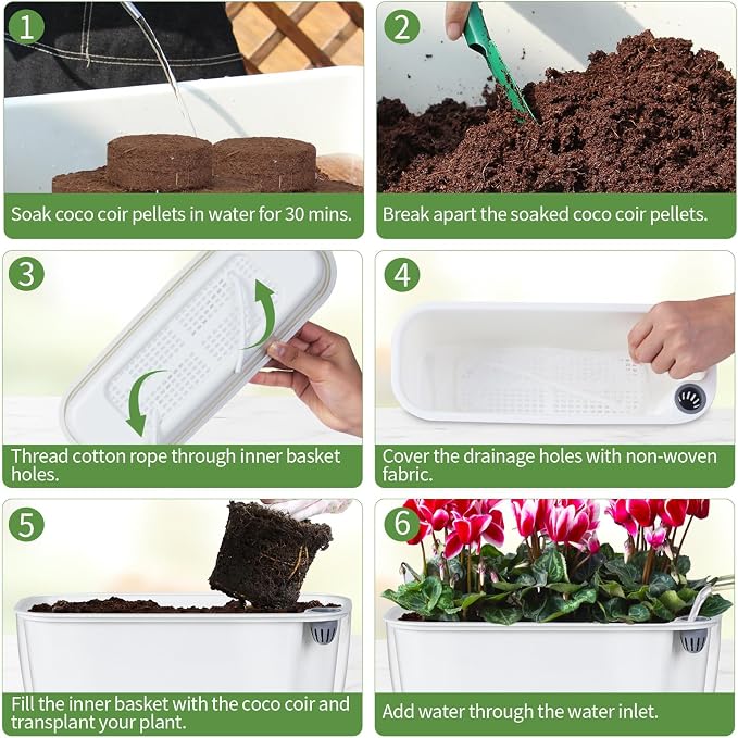 Self Watering Planter with Coco Coir Pellets, 11.8 Inch Plastic Rectangular - Image 6