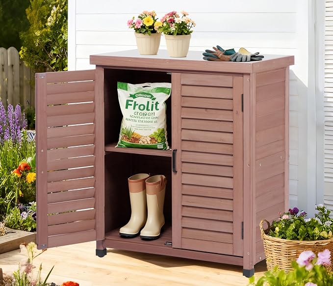 Outdoor Potting Bench with Storage Cabinet and Metal Top, Wood Workstation - Image 2