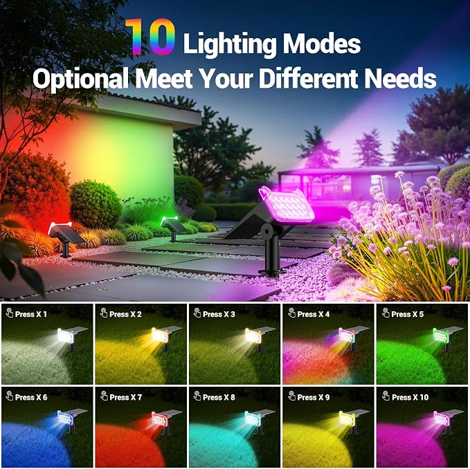 WdtPro 2 Pack Solar Color Changing Spot Lights, 10 Lighting Modes Solar Lights - Image 2