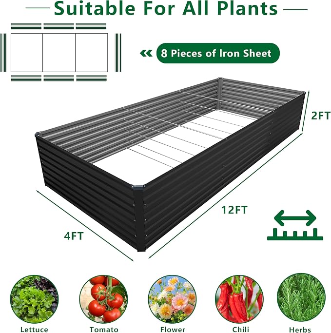 12x4x2FT Galvanized Raised Garden Bed Kit, Vegetable Plant Boxes-Rectangle - Image 2