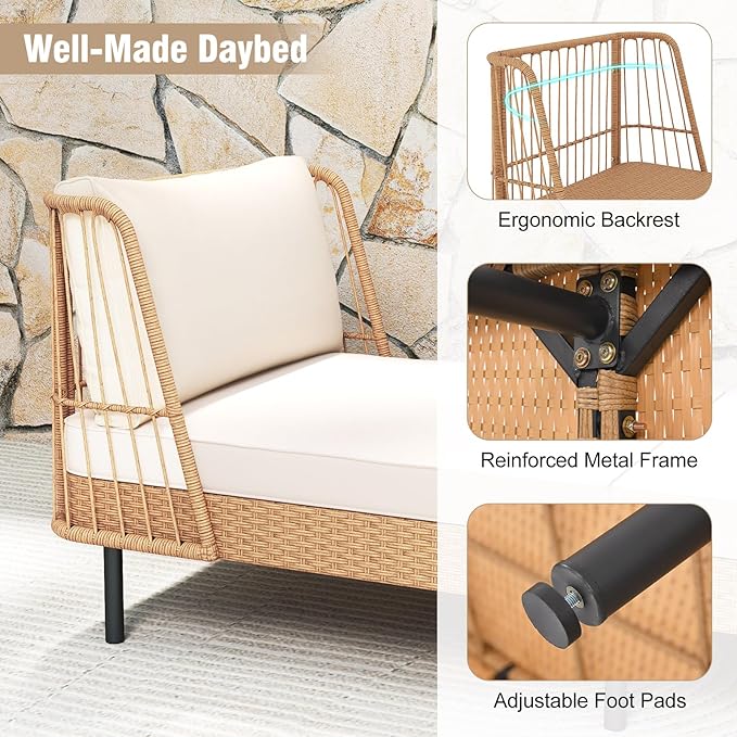 Tangkula Patio Rattan Daybed Set of 2, Boho Outdoor Wicker Lounge Sofa - Image 6