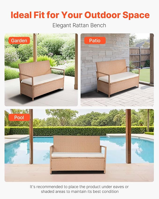 VEVOR Outdoor Storage Bench, 2-Person PE Rattan Storage Bench, 70 Gal Deck Box - Image 8