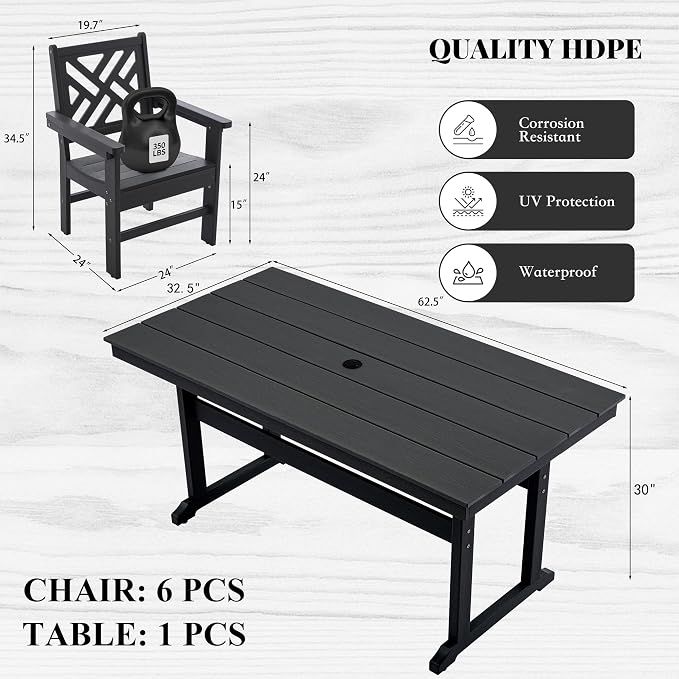 HDPE Dining Table Set for 6, 7-Piece Outdoor Table and Chairs Include 6 Dining - Image 2