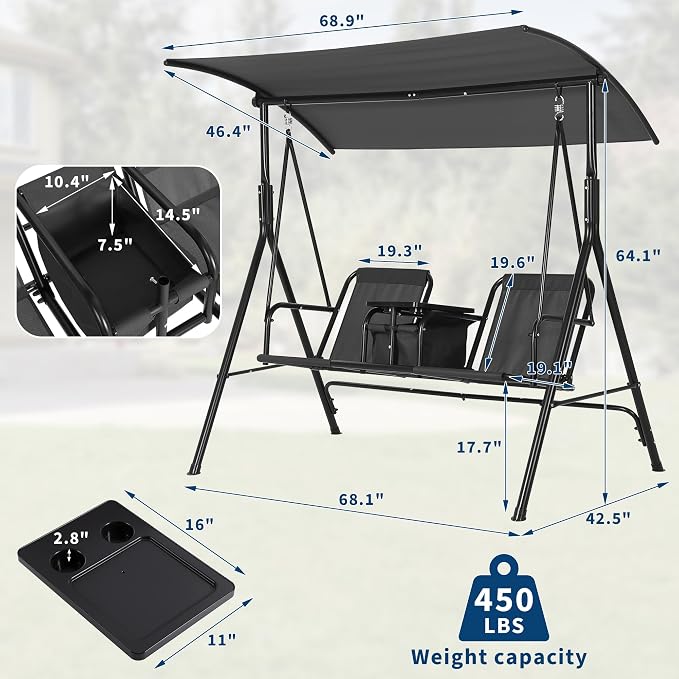 2-Person Porch Swing with Cup Holders, Pivot Storage Table & Cooler Bag - Image 2