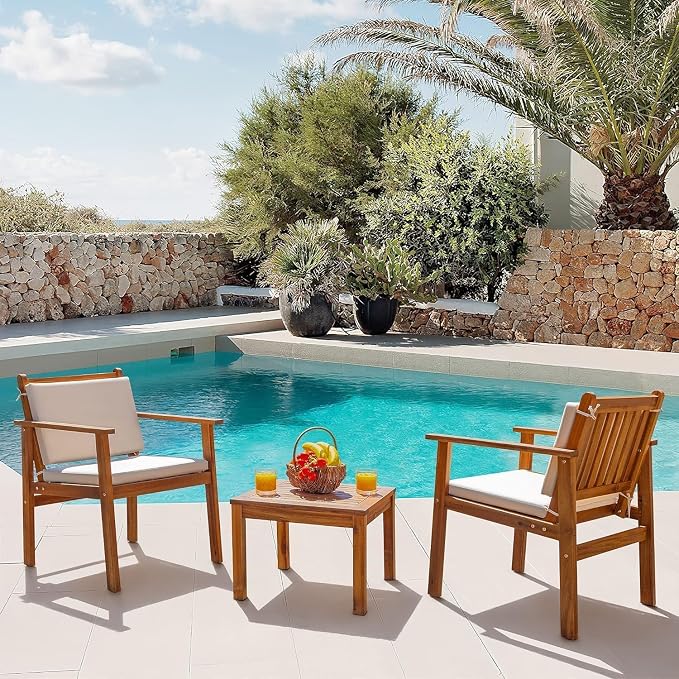Devoko Patio Set 3 Piece Acacia Wood Outdoor Furniture Conversation Seat - Image 2