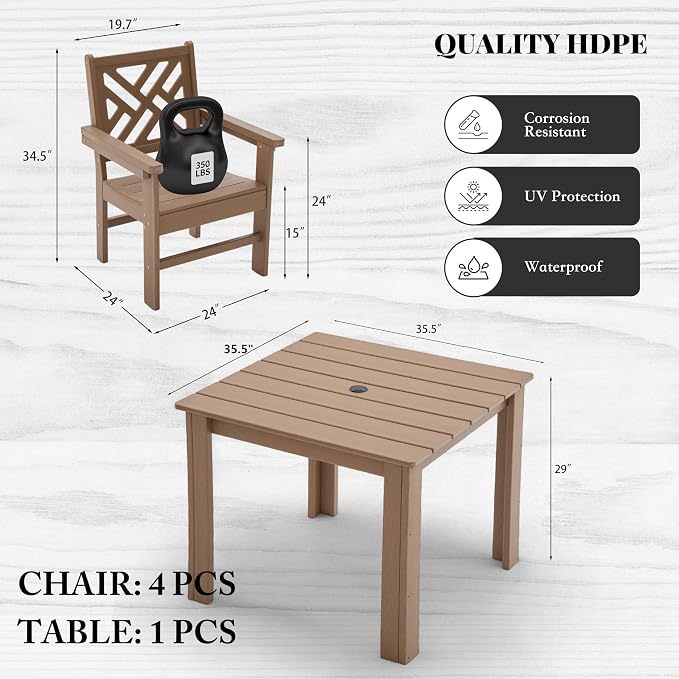 HDPE Outdoor Dining Set, 5-Piece Outdoor Table and Chairs Include 4 Armchair - Image 2