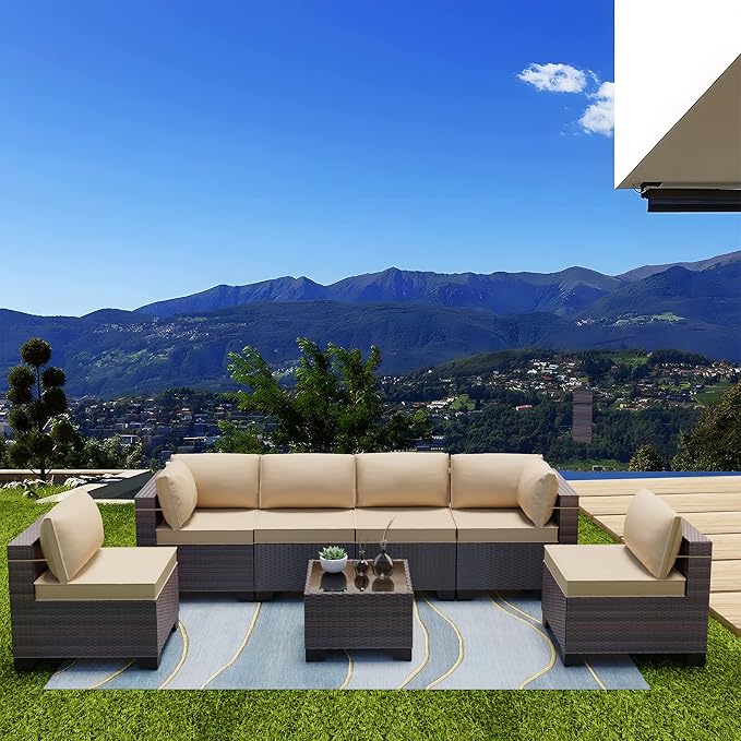 Kullavik 7 Pieces Outdoor Patio Furniture Set, Sectional Rattan Sofa Set Brown - Image 9