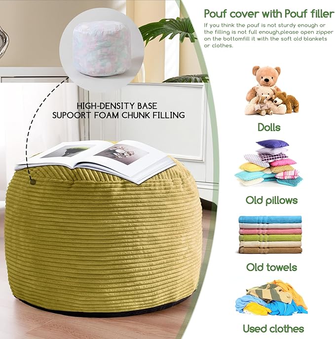HIGOGOGO Round Stuffed Pouf Ottoman, Corduroy Poufs - Image 4