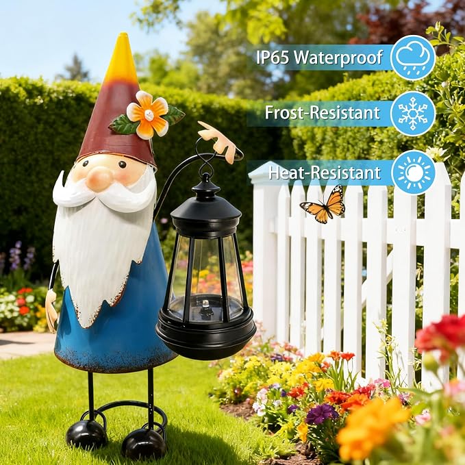 Solar Garden Gnome Statue with Lights, 14.56in Tall Solar Gnome Garden - Image 6