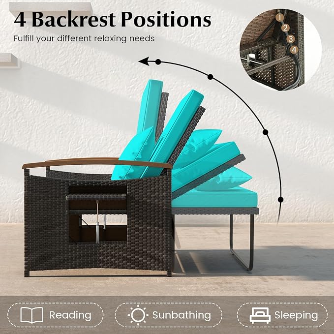 Moccha Outdoor Wicker Daybed, Patio Rattan Loveseat Sofa w/ 4-Level Adjustable - Image 4