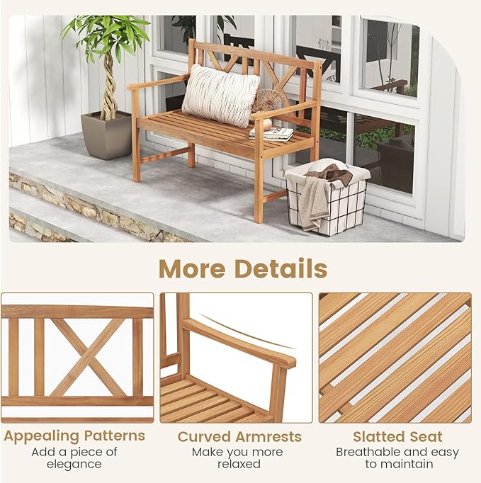 COSTWAY Outdoor Wooden Bench, Outdoor Acacia Wood Loveseat - Image 5