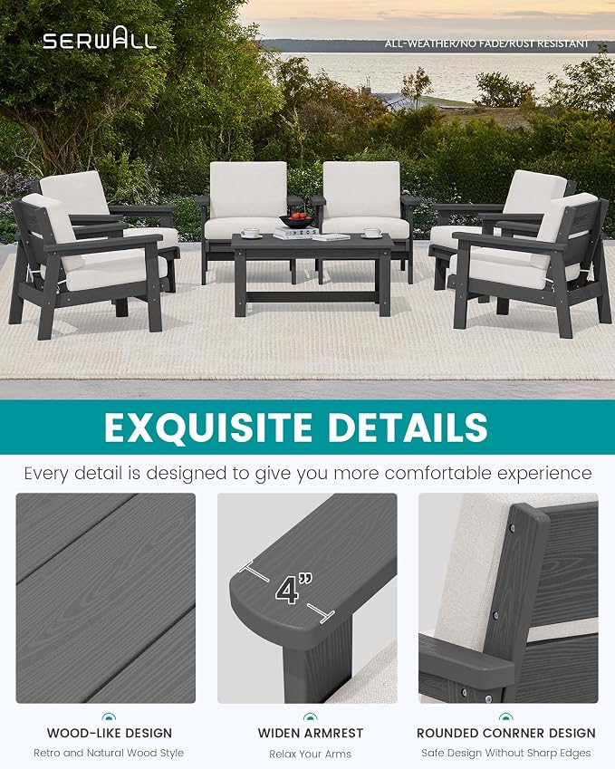 SERWALL HDPE Outdoor Furniture Set, 7 Piece All Weather Wood-Like Outdoor Sofa - Image 4