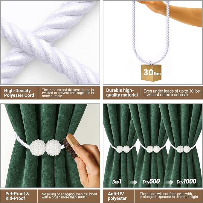 Hion Magnetic Curtain Tiebacks White 6 Pack, Curtain Tiebacks Buckles Holdbacks - Image 4