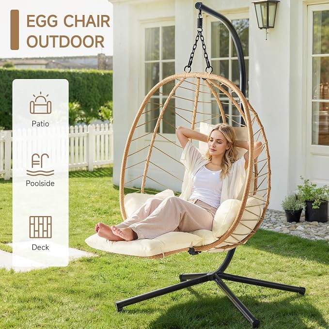 ONBRILL Hanging Egg Chair with Adjustable Footrest & Stand, Wicker Rattan Swing - Image 5
