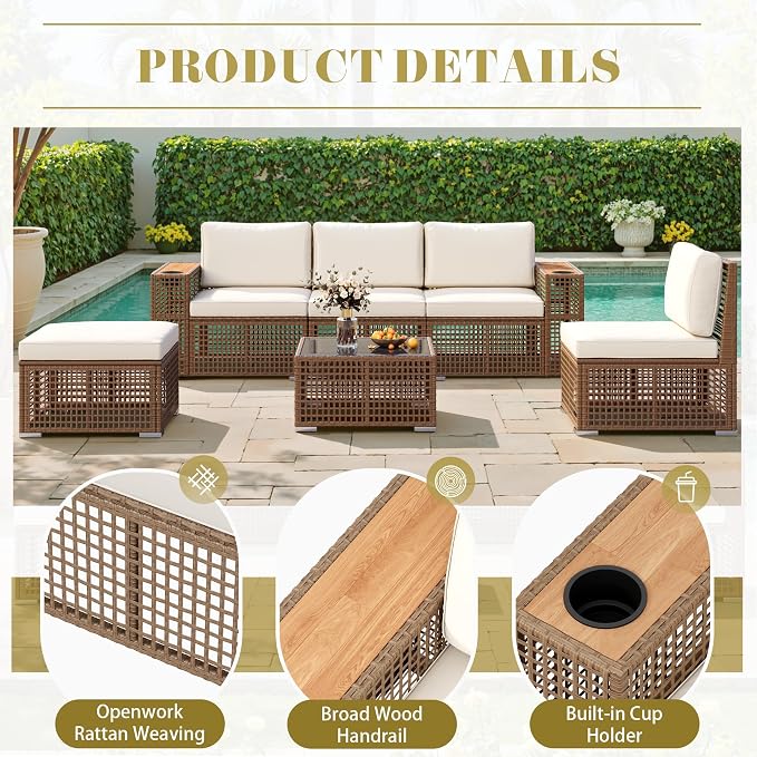 Devoko Patio Furniture Set 6 Piece Outdoor Sectional Sofa Hollow Rattan Patio - Image 3