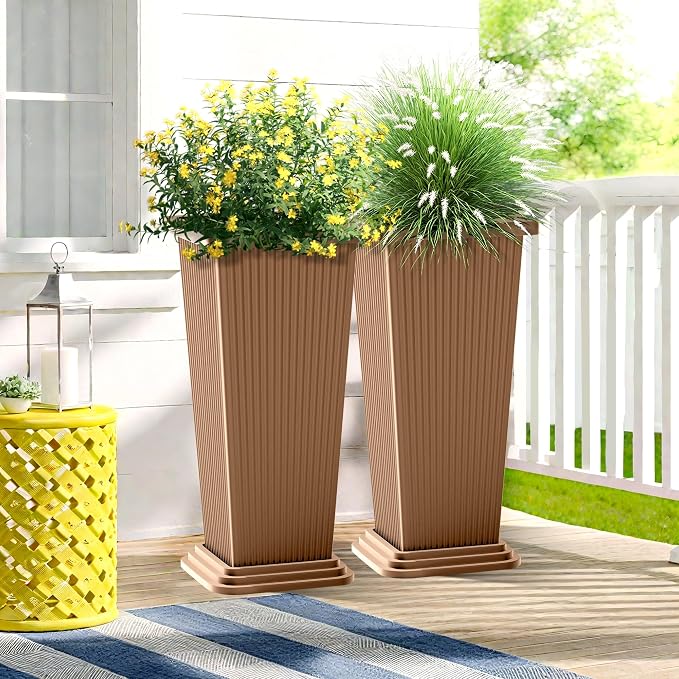 FENCY Set of 2 Tall Planters for Outdoor Plants, 24 Inch Large Tapered Pots - Image 4