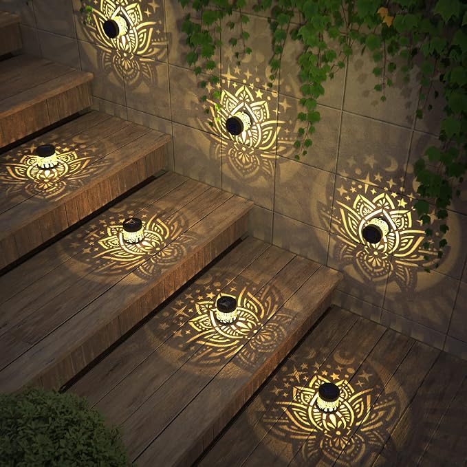 4 Pack Solar Fence Lights Metal Solar Powered Outdoor Wall Deck Lights Lotus - Image 4