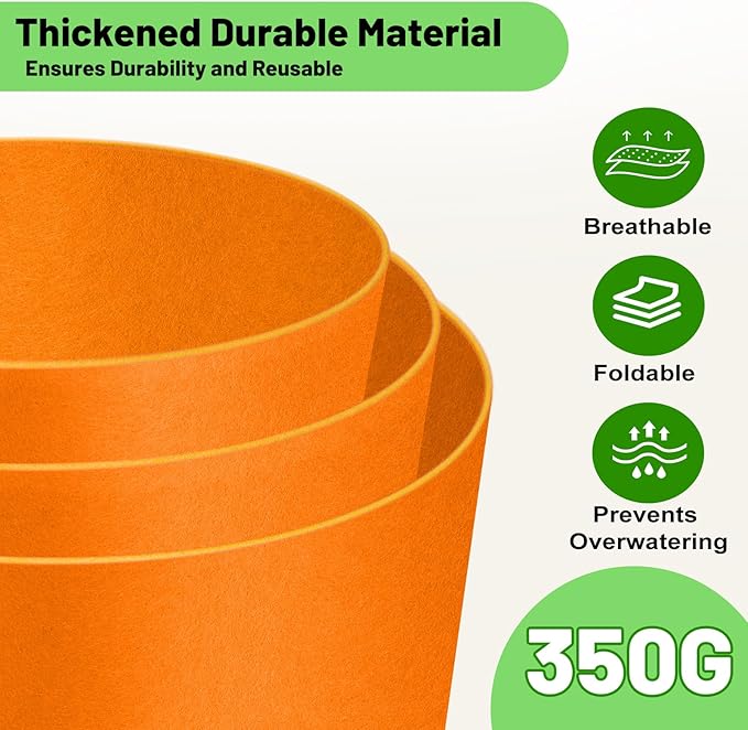 15 Gallon Fabric Grow Bags 5-Pack, 350G Heavy Duty Nonwoven Plant Pots - Image 2