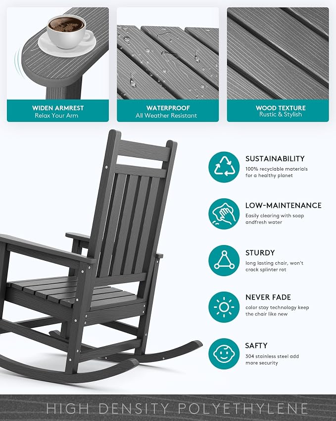 SERWALL Outdoor Rocking Chair Set of 2, HDPE Rocking Chairs - Image 4