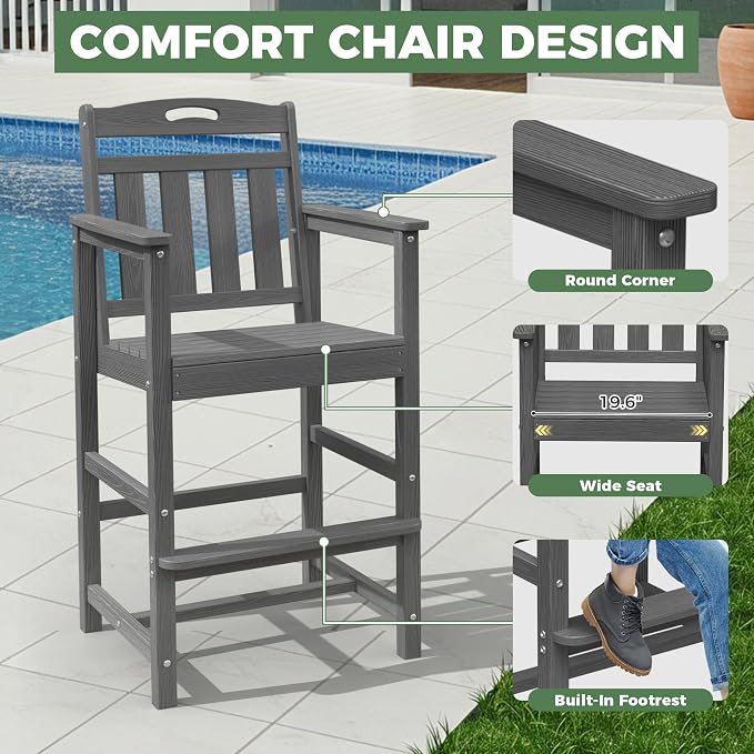 Outdoor Patio Bar Height Chair, All-Weather HDPE Tall Balcony Adirondack Stools - Image 3