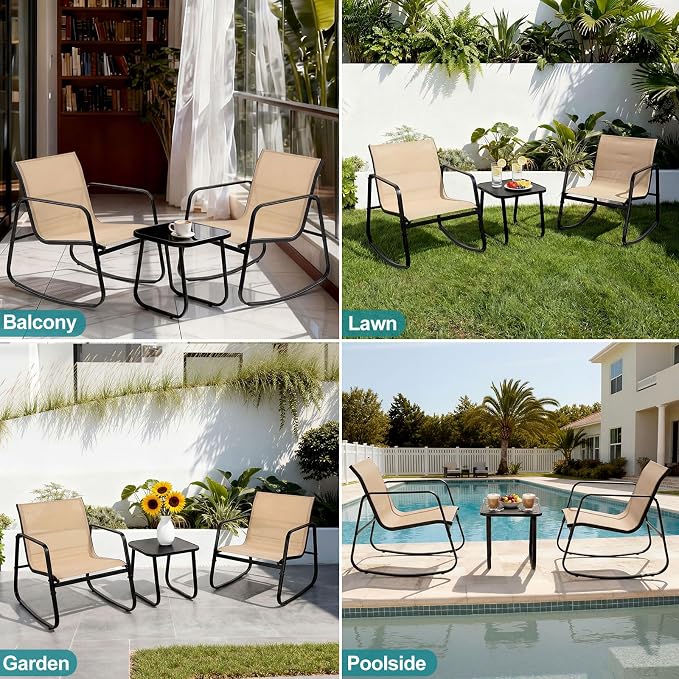 DUMOS 3 Piece Patio Rocking Furniture Set，Outdoor Patio Furniture Conversation - Image 7