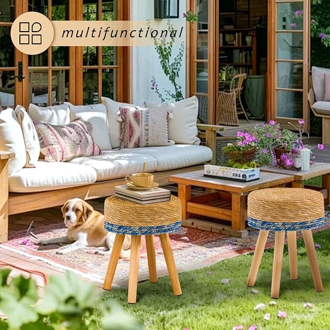 Handwoven Outdoor Ottoman, Water Hyacinth Pouf Round Patio Footstool - Image 6