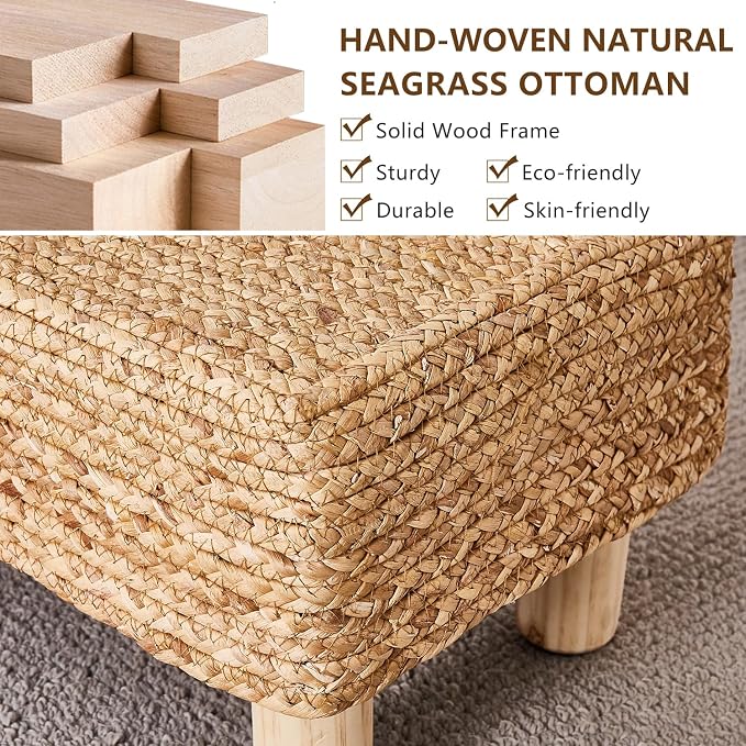 Wimarsbon Natural Seagrass Footstool Ottoman Rectangular Footrest Pouf Ottomans - Image 4