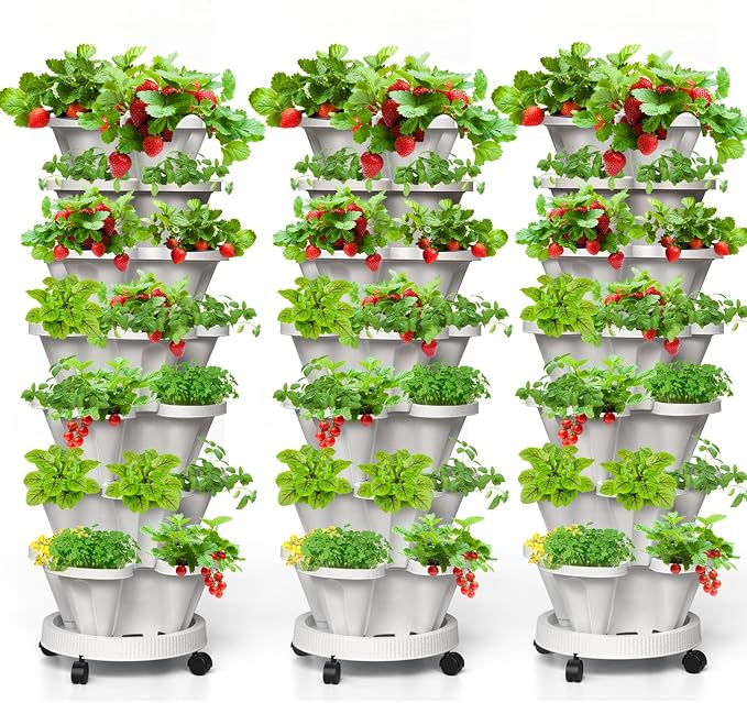 7 Tiered Strawberry Vertical Planter Tower Garden 3 Pack, Stackable Planter by Tectsia