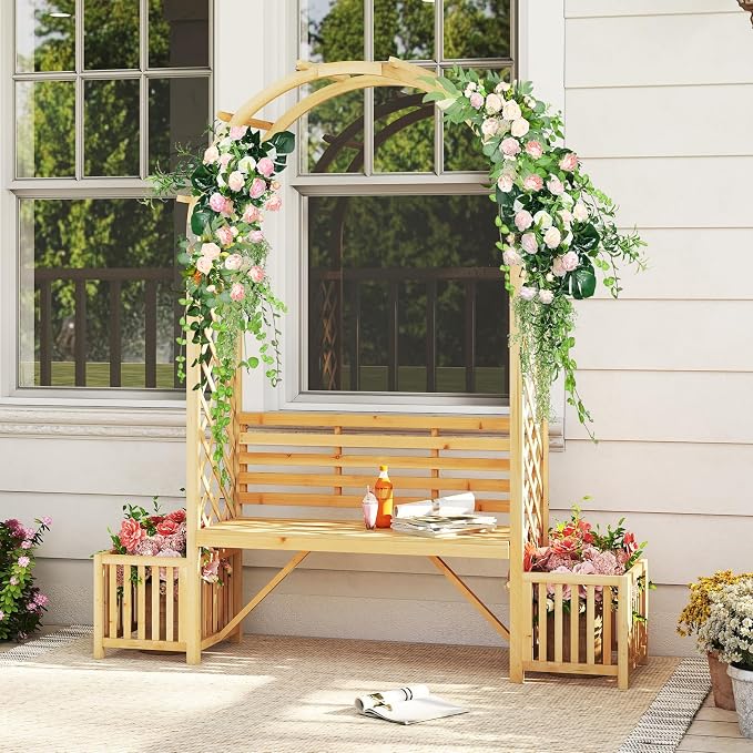 Giantex Outdoor Bench with Garden Arch & Planters, Wooden Pergola Archway - Image 2