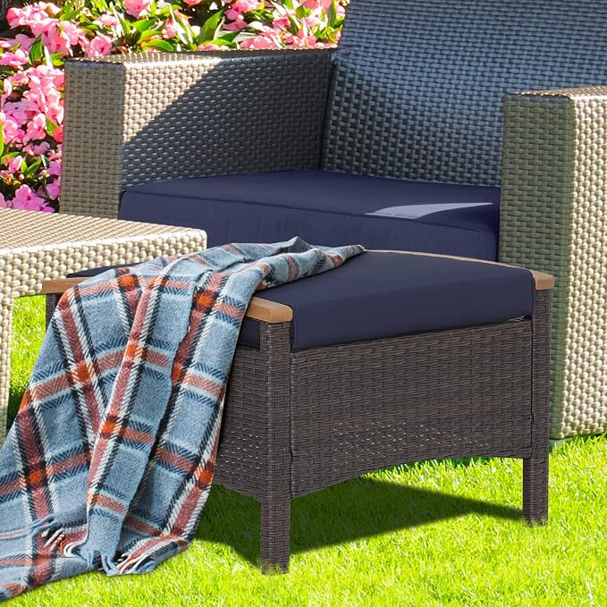 Tangkula 2 Piece Patio Rattan Ottomans, Outdoor Wicker Footstool w/Acacia Wood - Image 3