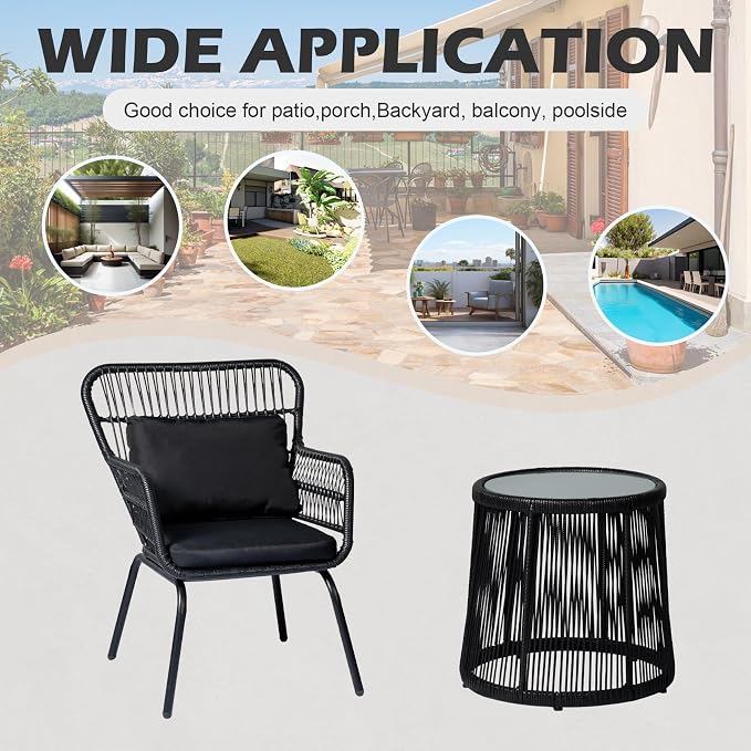 3 Piece Outdoor Wicker Furniture Bistro Set, Rattan Chairs Conversation Sets - Image 6