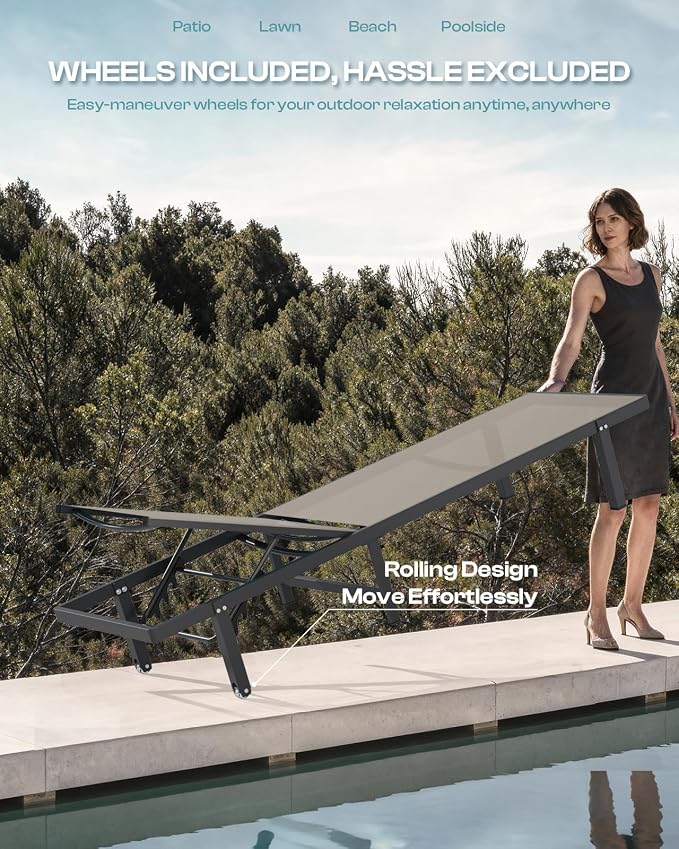 Lounge Chair Outdoor with Wheels, Aluminum Patio Chaise Lounge Chair with 5 - Image 3