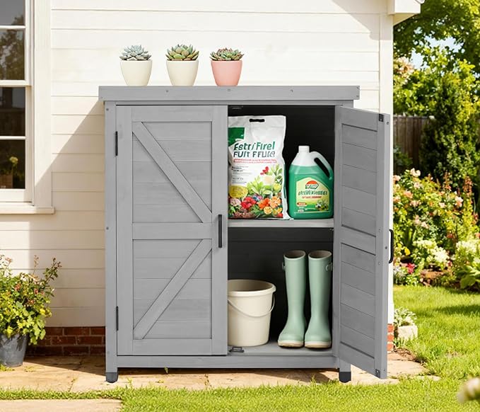 Outdoor Potting Bench with Storage Cabinet and Metal Top, Wood Workstation - Image 2