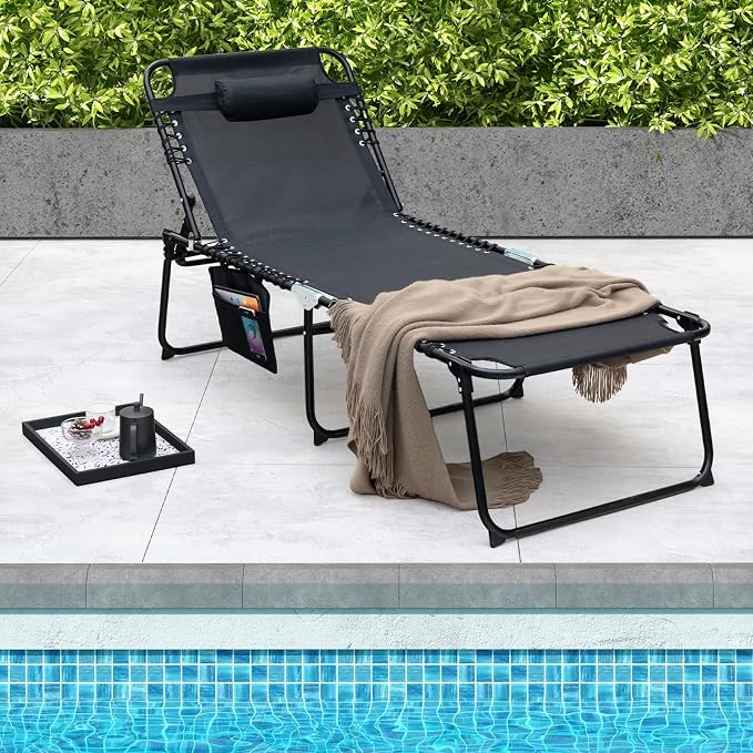 GYMAX Lounge Chair for Outside, 440lbs 27” Oversize Folding Beach Tanning - Image 2
