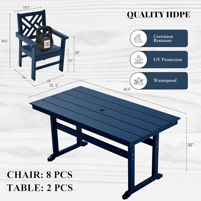 HDPE Dining Table Set for 8, 10-Piece Outdoor Table and Chairs Include 8 Dining - Image 2