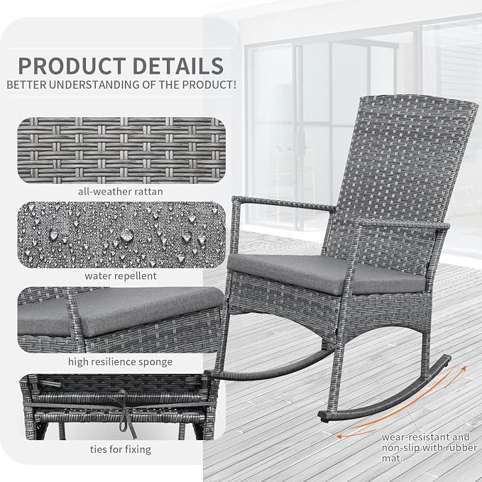 Outdoor Rocking Chair 3 Pieces High-Backed Rocking Chair Patio Rocking Chairs - Image 4