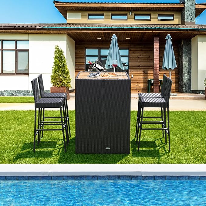 5 Piece Patio Wicker Bar Set, Rattan Bar Stools Set - Image 3
