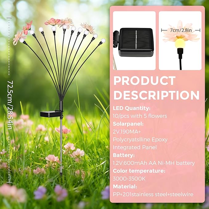 Solar Garden Lights, Warm White LED Swaying Solar Flowers Light - Image 3