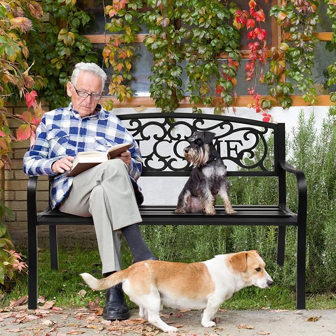 VINGLI Outdoor Bench for Patio Metal Garden Bench w/PVC Back Pattern - Image 2