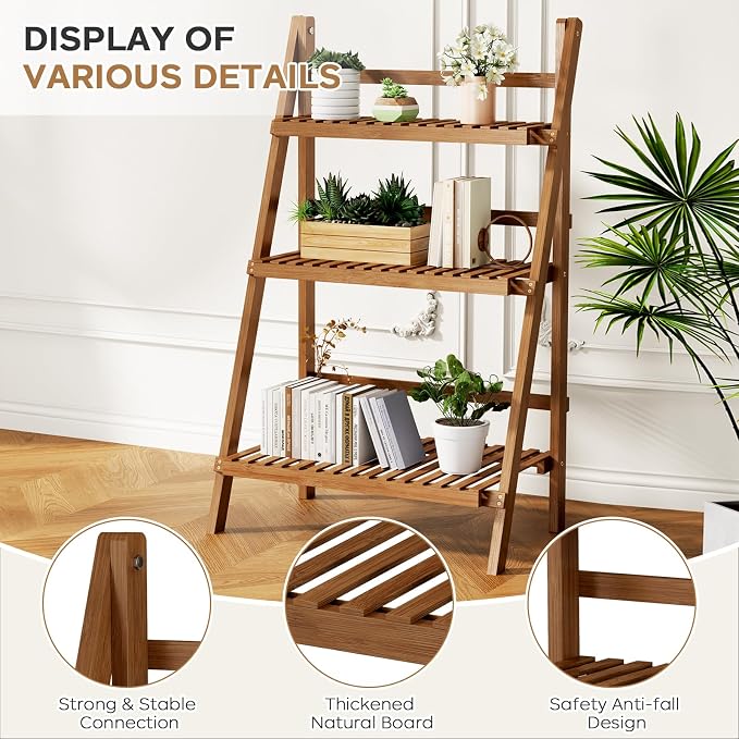 39.4" Bamboo Ladder Shelf Plant Shelf, 3 Tier Foldable Ladder Flower Pot - Image 9