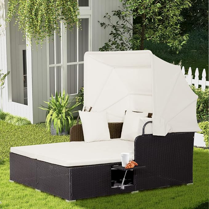 Moccha Outdoor Daybed with Retractable Canopy, Wicker Cabana with 2 Side Tables - Image 4