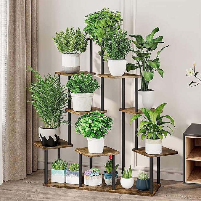 9 Tier Wood Tall Plant Stand Metal Rack Indoor, Planter Shelf Display Rack - Image 2