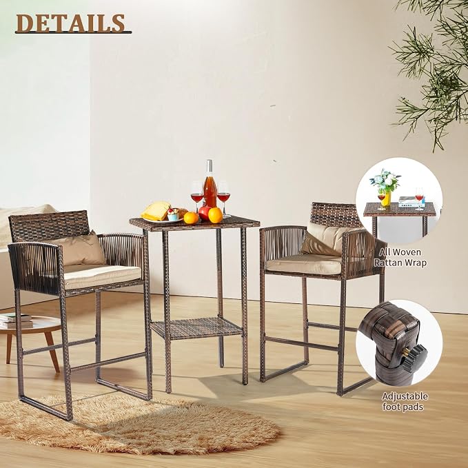 VINGLI 3 PCS Patio Bar Set Wicker, Outdoor Bar Table and Bar Stools - Image 4