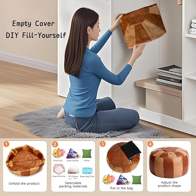 Thgonwid Unstuffed Moroccan Storage Pouf Foot Stool Ottoman Seat Handmade Faux - Image 4